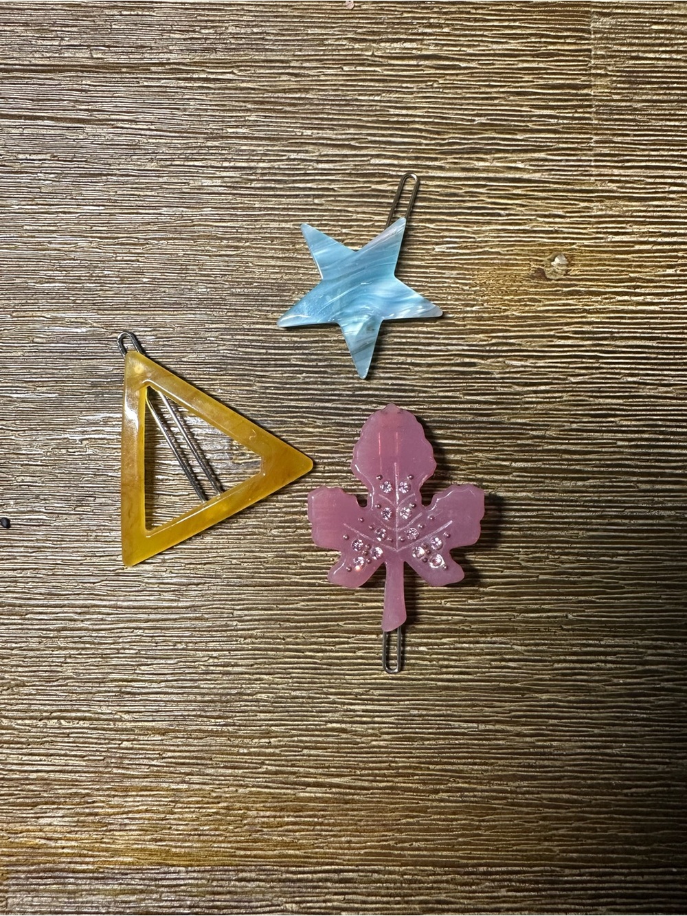 Decorative Hair Clips Set - Pink Leaf, Blue Star & Yellow Triangle
